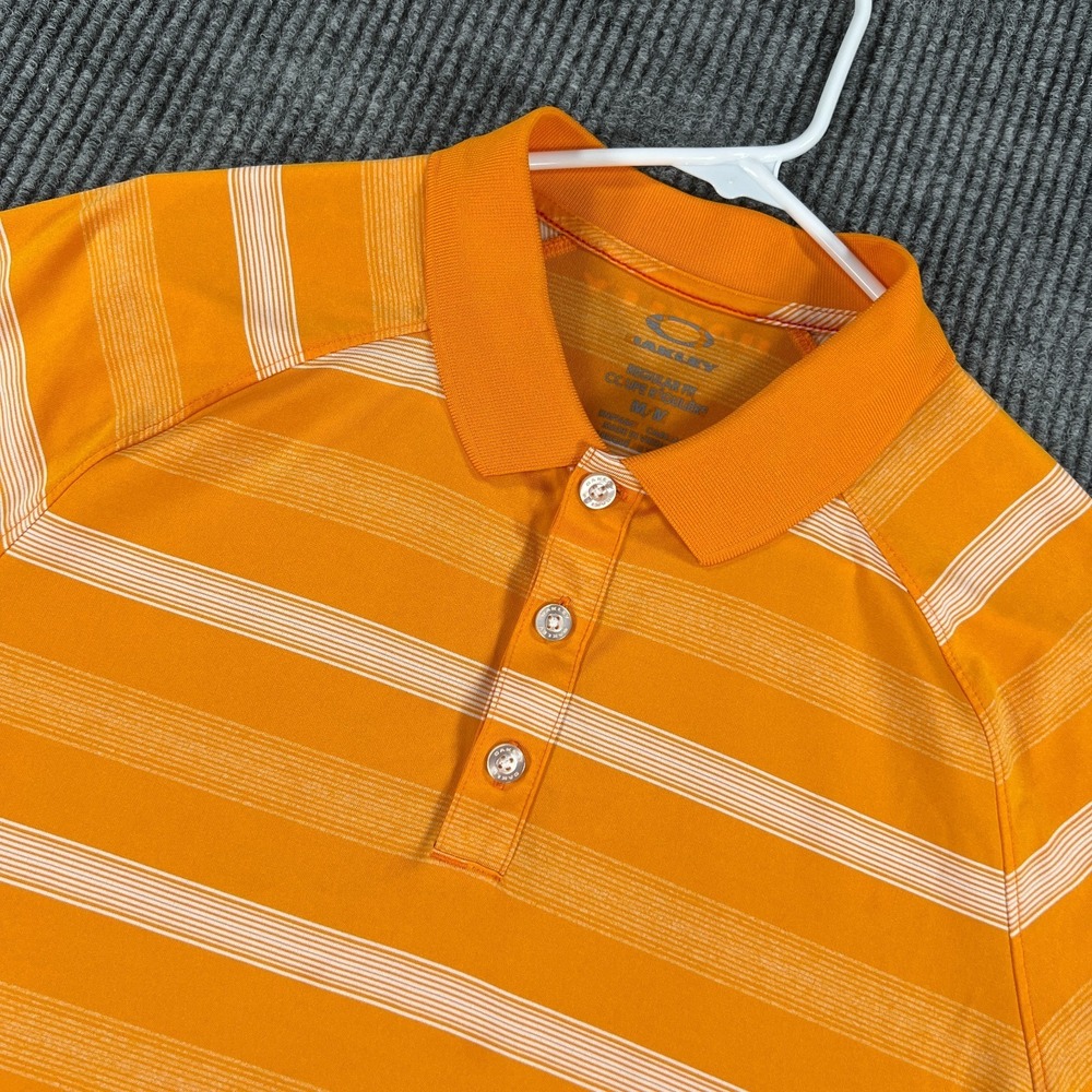 Oakley Polo Shirt Mens Medium Orange White Striped‎ Short Sleeve Regular Fit